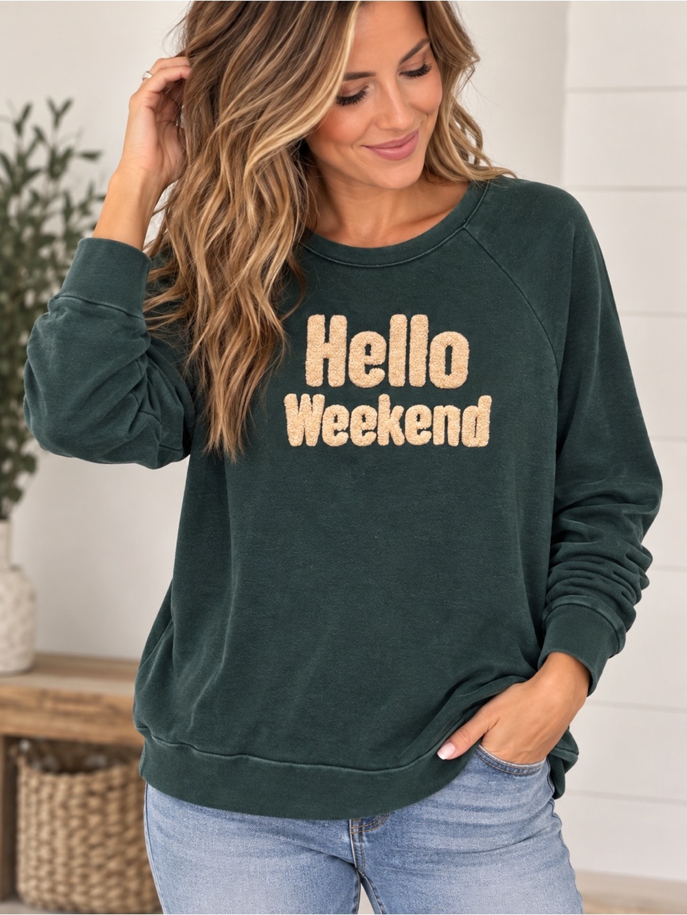Secret Treasures Dark Green Crewneck Sweatshirt with Cream Chenille Text